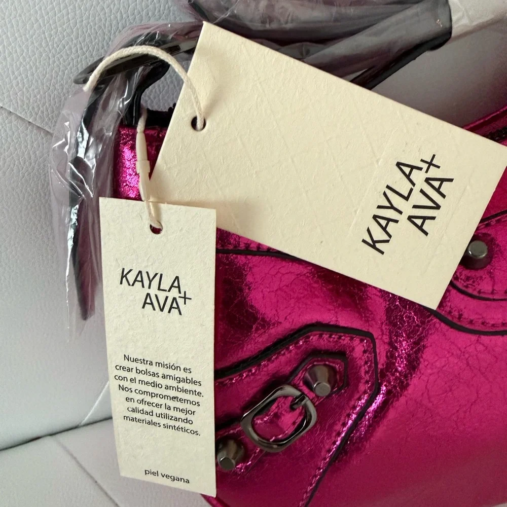 Kayla + Ava Metallic Pink Vegan Leather Shoulder Bag | Y2K Style Purse - Picture 10 of 11